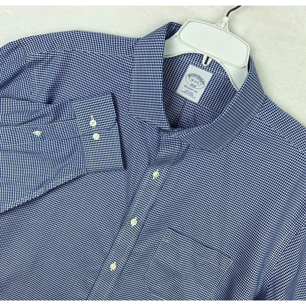 Brooks Brothers Blue Dress Shirt Mens 18 4/5 Button Up Houndstooth Pocket Regent